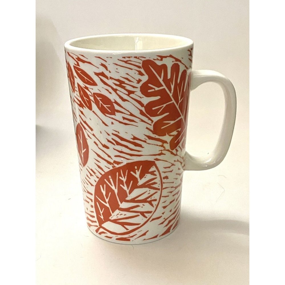 Starbucks 16oz Ceramic Coffee Mug Orange Woodcut Leaf Print Autumn Fall White